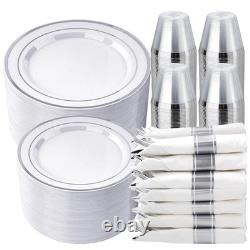 Ensemble de vaisselle en plastique blanche et argentée de 350 pièces pour 50 invités, 100 jetables