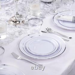 Ensemble de vaisselle intemporel de 350 pièces avec bord argenté, élégance sans effort pour 50 invités