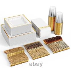 Ensemble de vaisselle jetable de 350 pièces pour 50 invités - Plaque en plastique carrée résistante Ensemble de vaisselle jetable de 350 pièces pour 50 invités - Plaque en plastique carrée résistante
