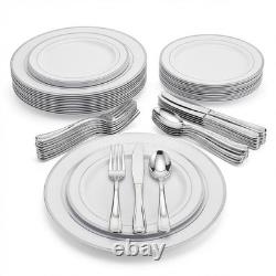 Ensemble de vaisselle jetable élégant Performore de 125 pièces avec bord argenté incluant