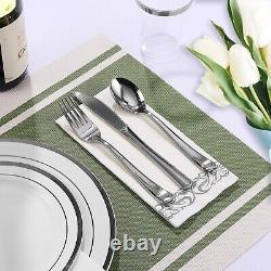Ensemble jetable élégant de 350 pièces avec assiettes et ustensiles à bord argenté robuste