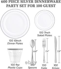 FOCUSLINE 600 Ensemble de vaisselle en argent pour 100 invités, plastique blanc et argenté