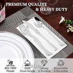 FOCUSLINE 600 Ensemble de vaisselle en argent pour 100 invités, plastique blanc et argenté