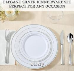 FOCUSLINE 600 Ensemble de vaisselle en argent pour 100 invités, plastique blanc et argenté
