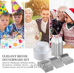FOCUSLINE 600 Ensemble de vaisselle en argent pour 100 invités, plastique blanc et argenté