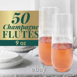 Flûtes à champagne en plastique (pack de 50, 9oz) transparentes, sans tige, verres jetables à mimosa