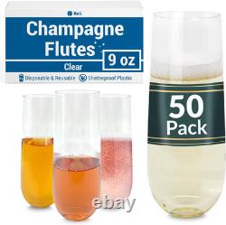 Flûtes à champagne en plastique (pack de 50, 9oz) transparentes, sans tige, verres jetables à mimosa