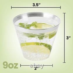 Gobelets en plastique transparent jetables de 9 oz avec bord argenté parfaits pour toutes les fêtes