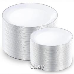 KIRE 200 pièces assiettes en plastique argentées, assiettes en plastique blanches avec bord argenté inclu 	<br/>