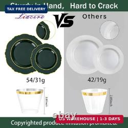 Liacere 350 pièces assiettes en plastique vertes, assiettes jetables vert foncé avec bord doré