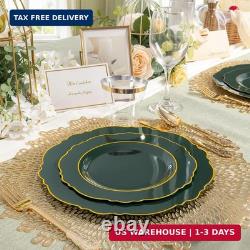 Liacere 350 pièces assiettes en plastique vertes, assiettes jetables vert foncé avec bord doré