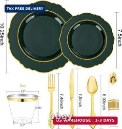 Liacere 350 pièces assiettes en plastique vertes, assiettes jetables vert foncé avec bord doré