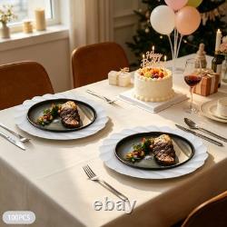 Lot de 100 assiettes de présentation de 13 pouces en plastique argenté, motif vagues en spirale, décoration de table pour mariage