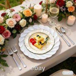 Lot de 100 assiettes de présentation de 13 pouces en plastique argenté, motif vagues en spirale, décoration de table pour mariage