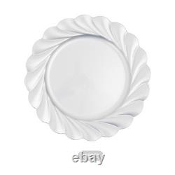 Lot de 100 assiettes de présentation de 13 pouces en plastique argenté, motif vagues en spirale, décoration de table pour mariage
