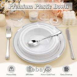 Lot de 200 bols à soupe jetables avec élégant liseré argenté, parfaits pour les fêtes