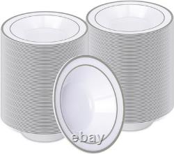 Lot de 200 bols en plastique robustes de 12 oz à bord argenté, parfaits pour les fêtes