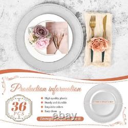 Lot de 36 assiettes de présentation rondes en plastique argenté de 13 pouces avec bord perlé