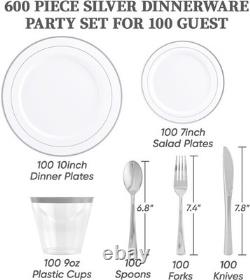 Service de table argenté de 600 pièces pour 100 invités, assiettes en plastique jetables à bord argenté Service de table argenté de 600 pièces pour 100 invités, assiettes en plastique jetables à bord argenté