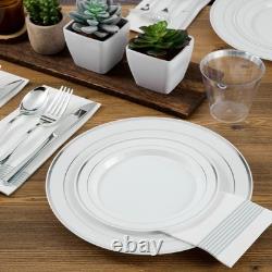 Service de table argenté de 600 pièces pour 100 invités, assiettes en plastique jetables à bord argenté Service de table argenté de 600 pièces pour 100 invités, assiettes en plastique jetables à bord argenté
