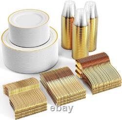 Service de table argenté de 600 pièces pour 100 invités, assiettes en plastique jetables à bord argenté