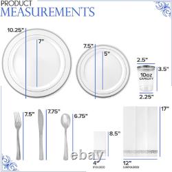 Service de table argenté de 700 pièces, 200 assiettes en plastique à bord argenté, 100 argentées silve