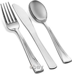 Service de table en plastique argenté de 700 pièces : 200 assiettes à rebord, 300 couverts, 100 gobelets