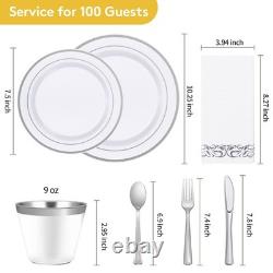 Service de vaisselle argenté de 700 pièces pour 100 invités, ensemble d'assiettes jetables