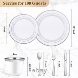 Service de vaisselle argentée de 600 pièces pour 100 invités, assiettes en plastique pour fête, 100 Si