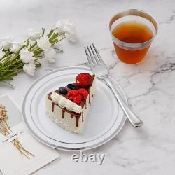 Service de vaisselle argentée de 600 pièces pour 100 invités, assiettes en plastique pour fête, 100 argentées