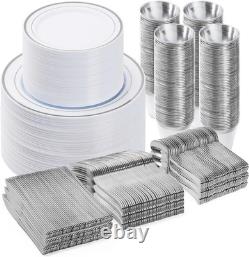 Service de vaisselle argentée de 600 pièces pour 100 invités, assiettes en plastique pour fête, 100 argentées