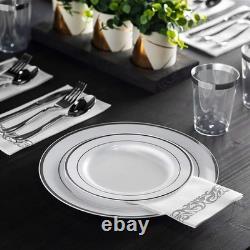 Service de vaisselle argentée en plastique de 700 pièces : 200 assiettes à bord, 300 couverts, 100