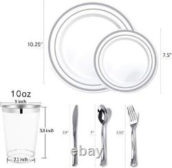 Service de vaisselle argentée en plastique de 700 pièces : 200 assiettes à rebord, 300 couverts, 100