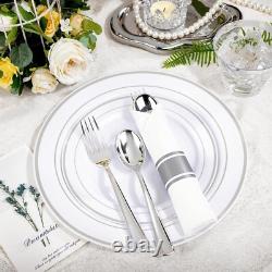 Service de vaisselle complet de 350 pièces avec bord en argent, parfait pour les célébrations et les événements.
