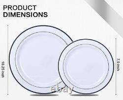 Service de vaisselle de 350 pièces, 100 assiettes en plastique à bord argenté, 50 gobelets, 50 préroulés
