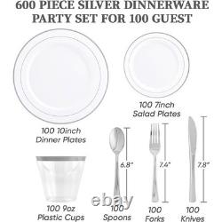 Service de vaisselle de 600 pièces pour 100 invités, assiettes en plastique jetables à bord argenté