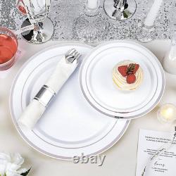Service de vaisselle de fête jetable en plastique blanc céramique avec bordure argentée, 25,4 cm, pour 5 personnes