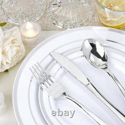 Service de vaisselle de fête jetable en plastique blanc céramique avec bordure argentée, 25,4 cm, pour 5 personnes
