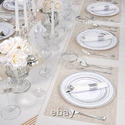 Service de vaisselle de fête jetable en plastique blanc céramique avec bordure argentée, 25,4 cm, pour 5 personnes
