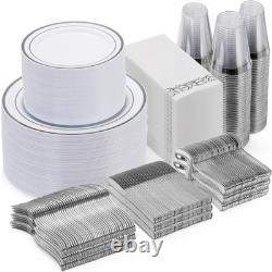Service de vaisselle en argent de 700 pièces pour 100 invités, assiettes en plastique jetables pour