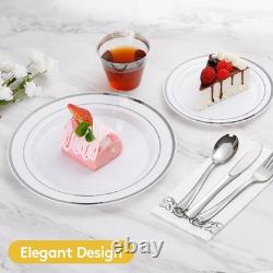 Service de vaisselle en argent de 700 pièces pour 100 invités, assiettes en plastique jetables pour