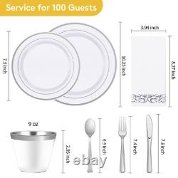 Service de vaisselle en argent de 700 pièces pour 100 invités, assiettes en plastique jetables pour