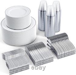 Service de vaisselle en argent pour invités, assiettes en plastique jetables blanches avec bord argenté
