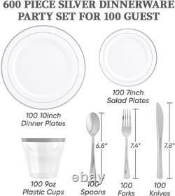 Service de vaisselle en argent pour invités, assiettes en plastique jetables blanches avec bord argenté