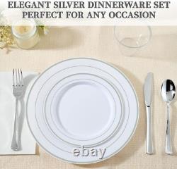 Service de vaisselle en argent pour invités, assiettes en plastique jetables blanches avec bord argenté