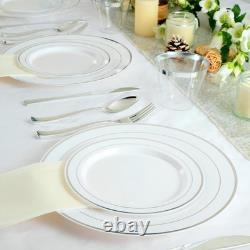 Service de vaisselle en argent pour invités, assiettes en plastique jetables blanches avec bord argenté