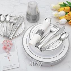 Service de vaisselle en plastique argenté de 700 pièces pour 100 invités, élégantes fournitures de fête