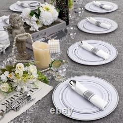 Service de vaisselle en plastique, lot de 350 pièces, bord argenté, assiettes plates de 10,25 pouces, 7,5 pouces