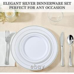 Service de vaisselle jetable bordée d’argent 600 pièces pour 100 invités, mariage, fête, neuf