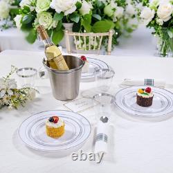Service de vaisselle jetable en plastique argenté de 350 pièces pour 50 invités, assiettes jetables élégantes pour